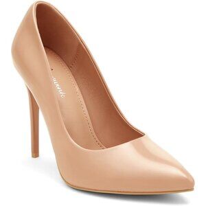 Womens Nude Polyurethane (PU) Pointed Closed Toe Slip On Heels Leather Pumps